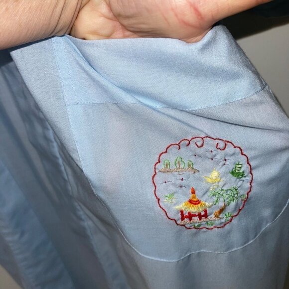 Health Vintage Womens Robe Size Medium Light Blue Hand Embroidered Tie Waist - Picture 3 of 10